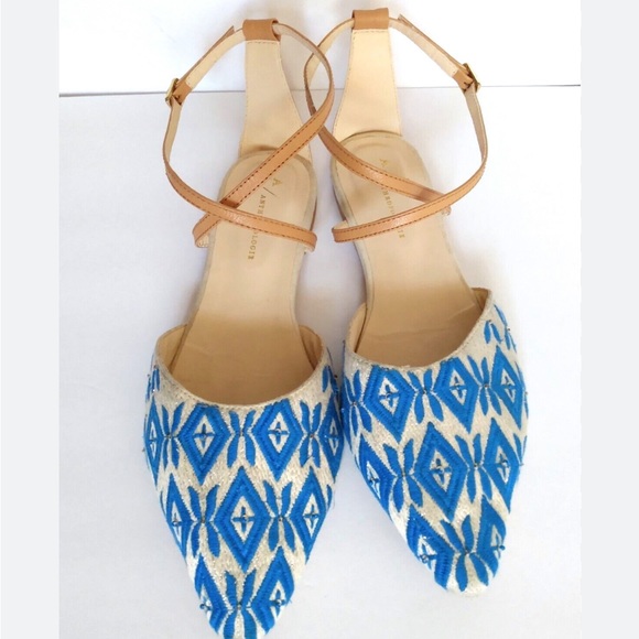 Anthropologie Shoes - Anthropologie Womens Size 7 Blue Embroidered Fabric Strap Flat Sandal Shoes